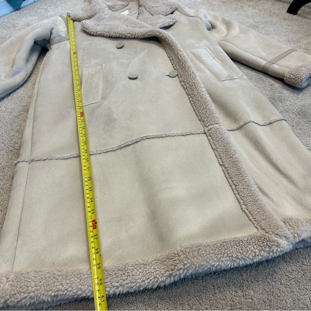 American Eagle double-breasted Vegan faux shearling coat light beige cream Sz L - Picture 8 of 14